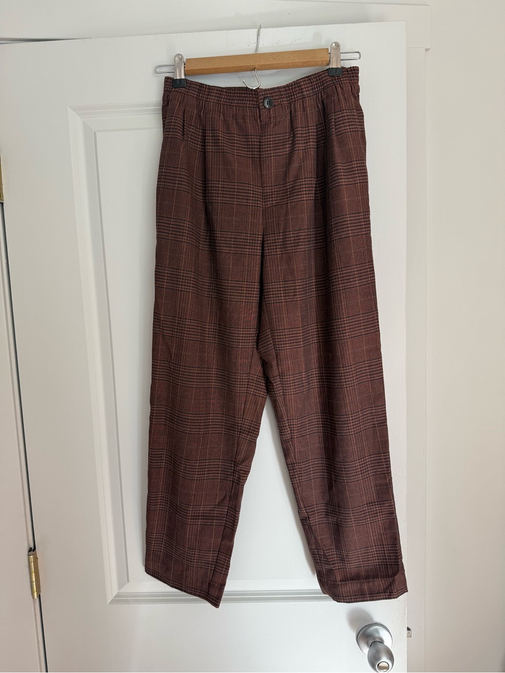 Madewell Brown Plaid Cropped Trousers with Elastic Waist